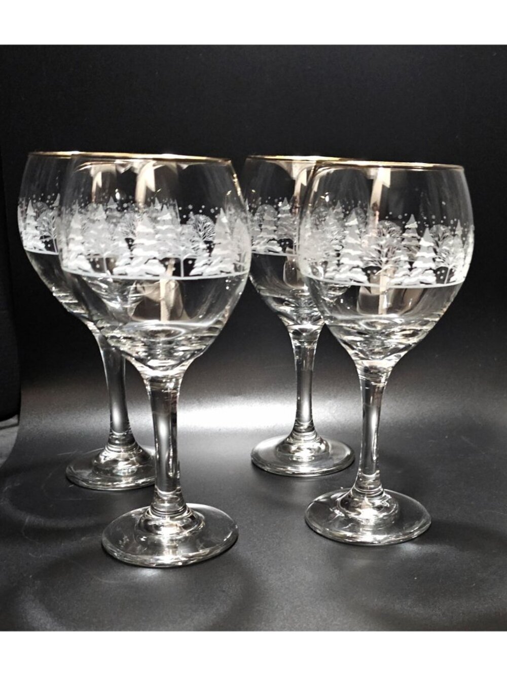 4 Lynns China Pines Glasses 10oz Winter Scene white trees gold rim, rounded